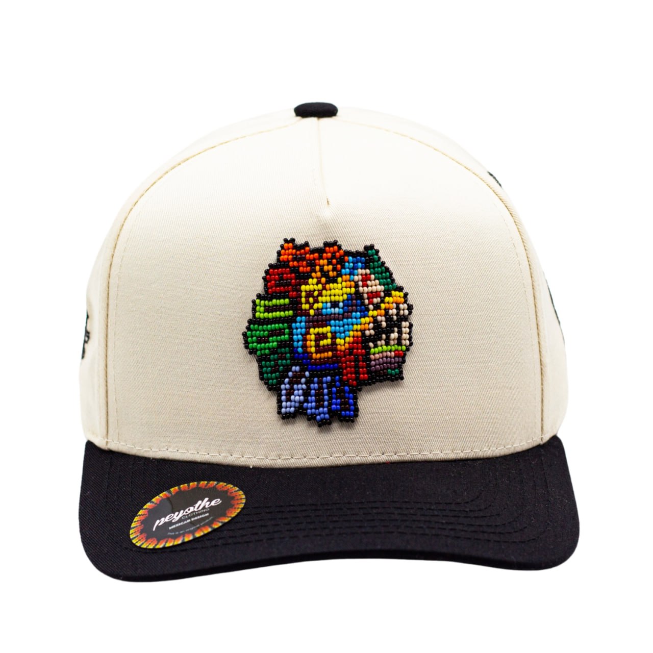 gorra raíces beige/negra cabeza Quetzalcóatl