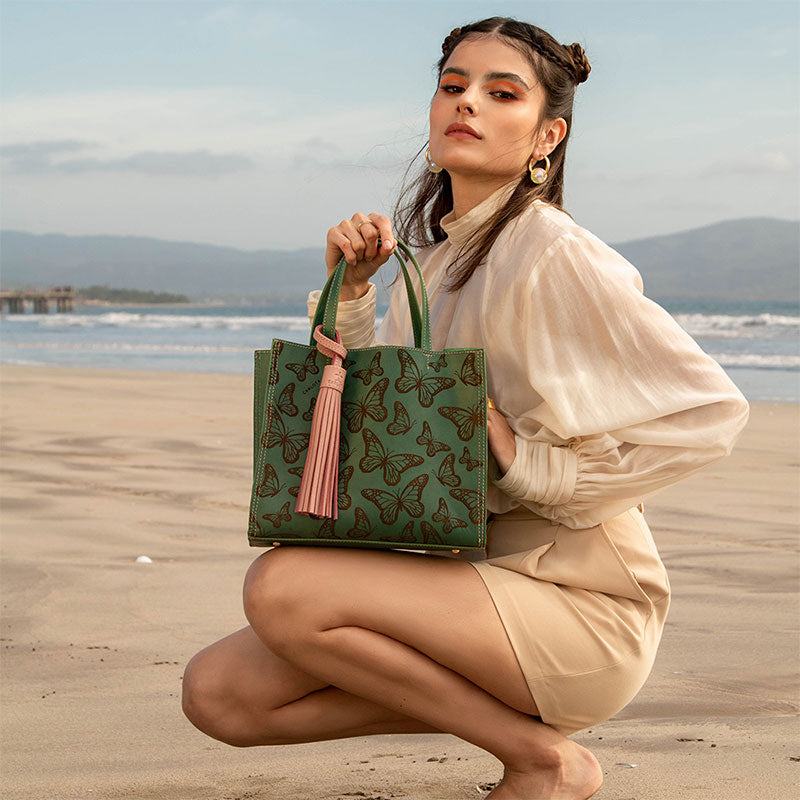 mini tote mariposas menta
