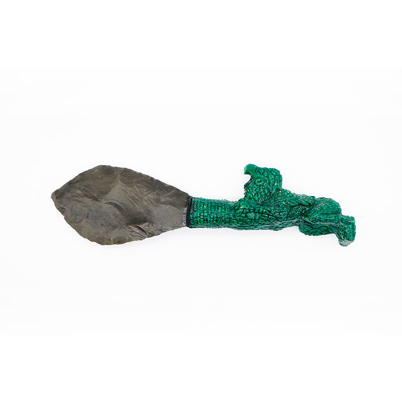 cuchillo grande de obsidiana con guerrero águila de malaquita