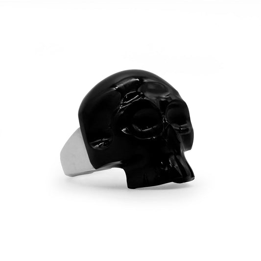 Anillo cráneo completo de obsidiana con base de plata