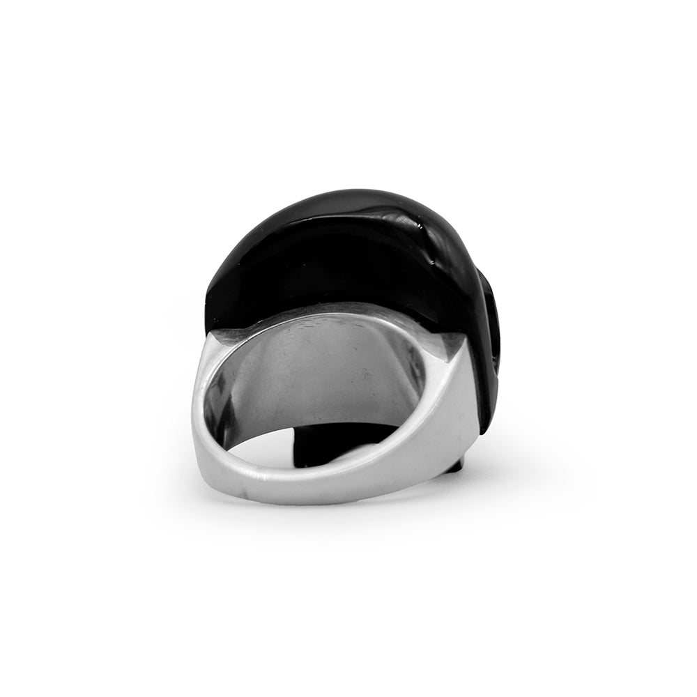 Anillo cráneo completo de obsidiana con base de plata