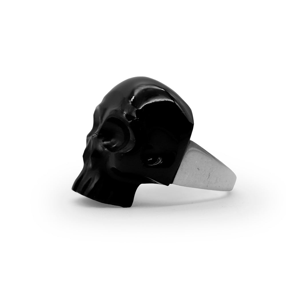 Anillo cráneo completo de obsidiana con base de plata